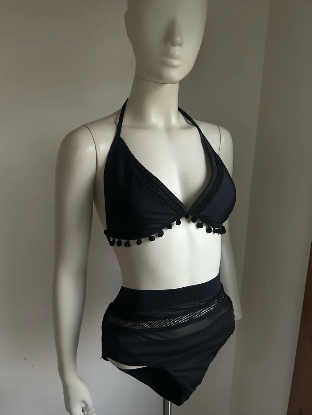 Black Pom-Pom Halter Bikini Set boutique new L 2 pcs